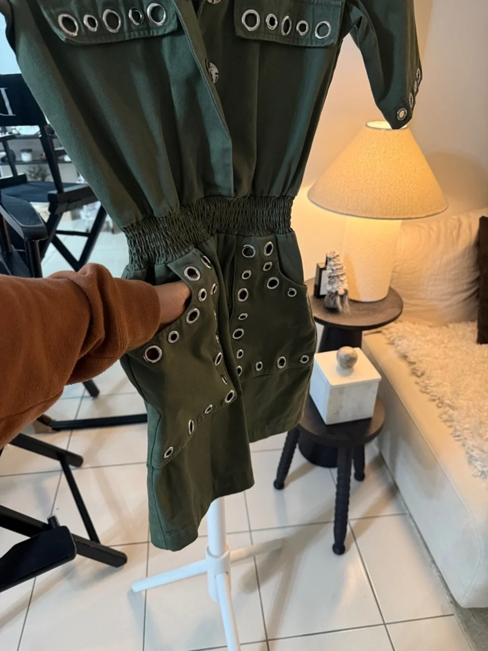Maje Olive Green Eyelet Utility Mini Dress w silver accents - Picture 7 of 12